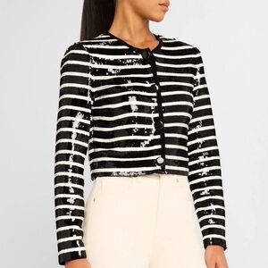 Veronica Beard Mickey Black and White Striped Sequin Cropped Blazer